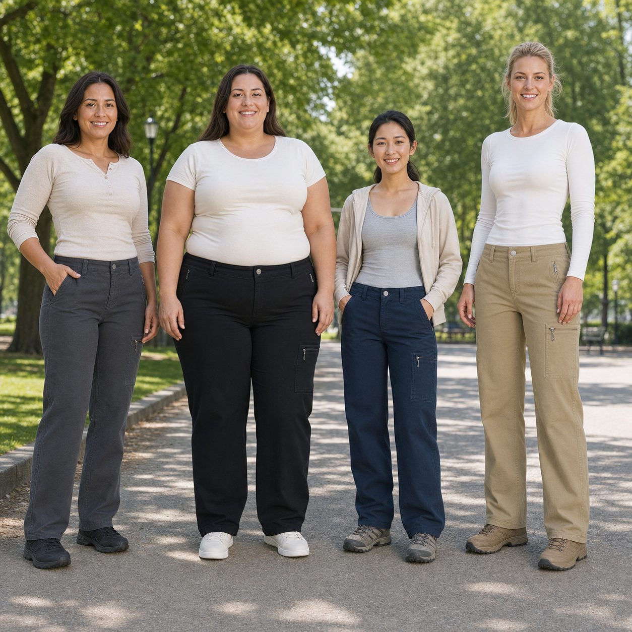 Four women wearing charcoal black navy and khaki cargo pants
