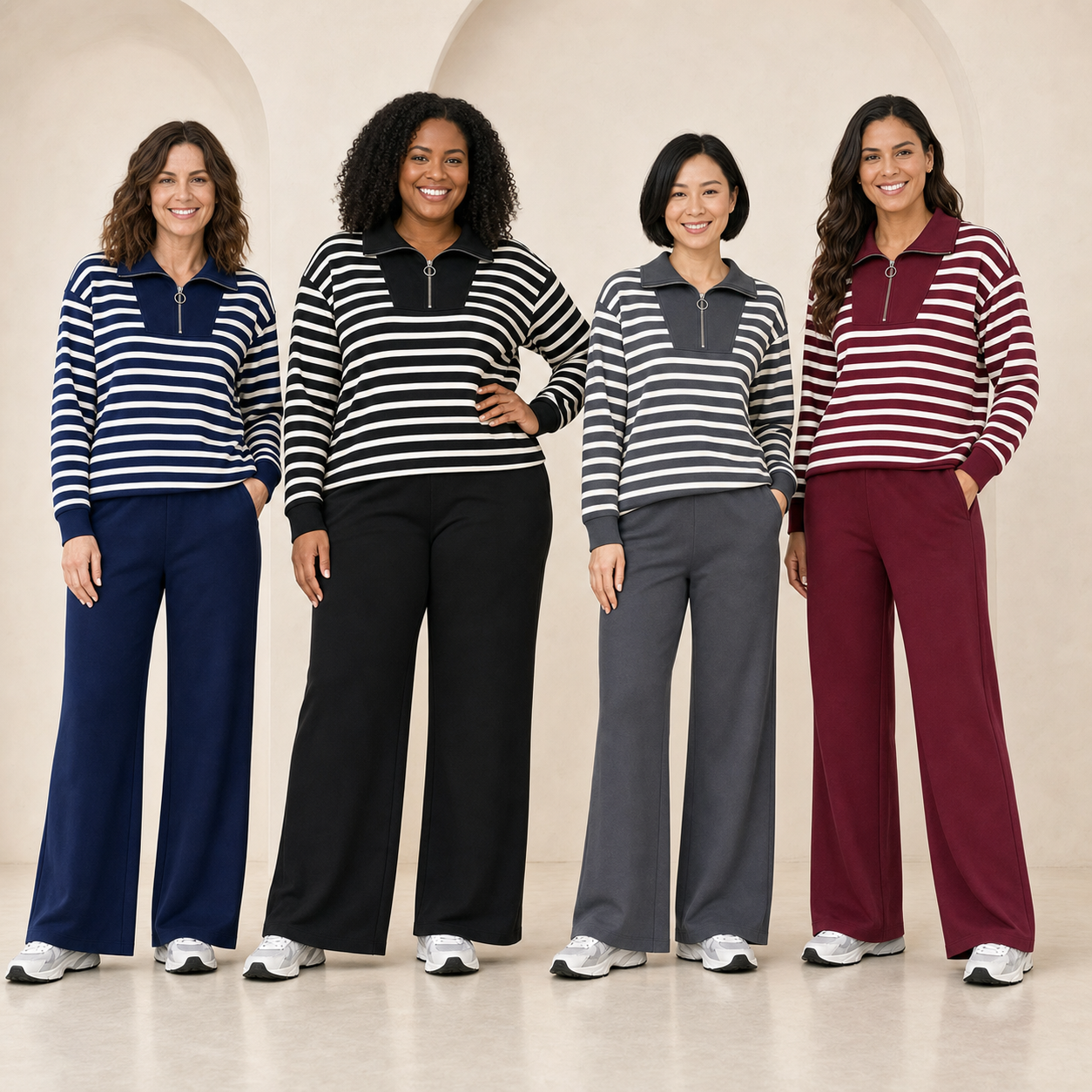 Women wearing navy black charcoal and burgundy striped sets