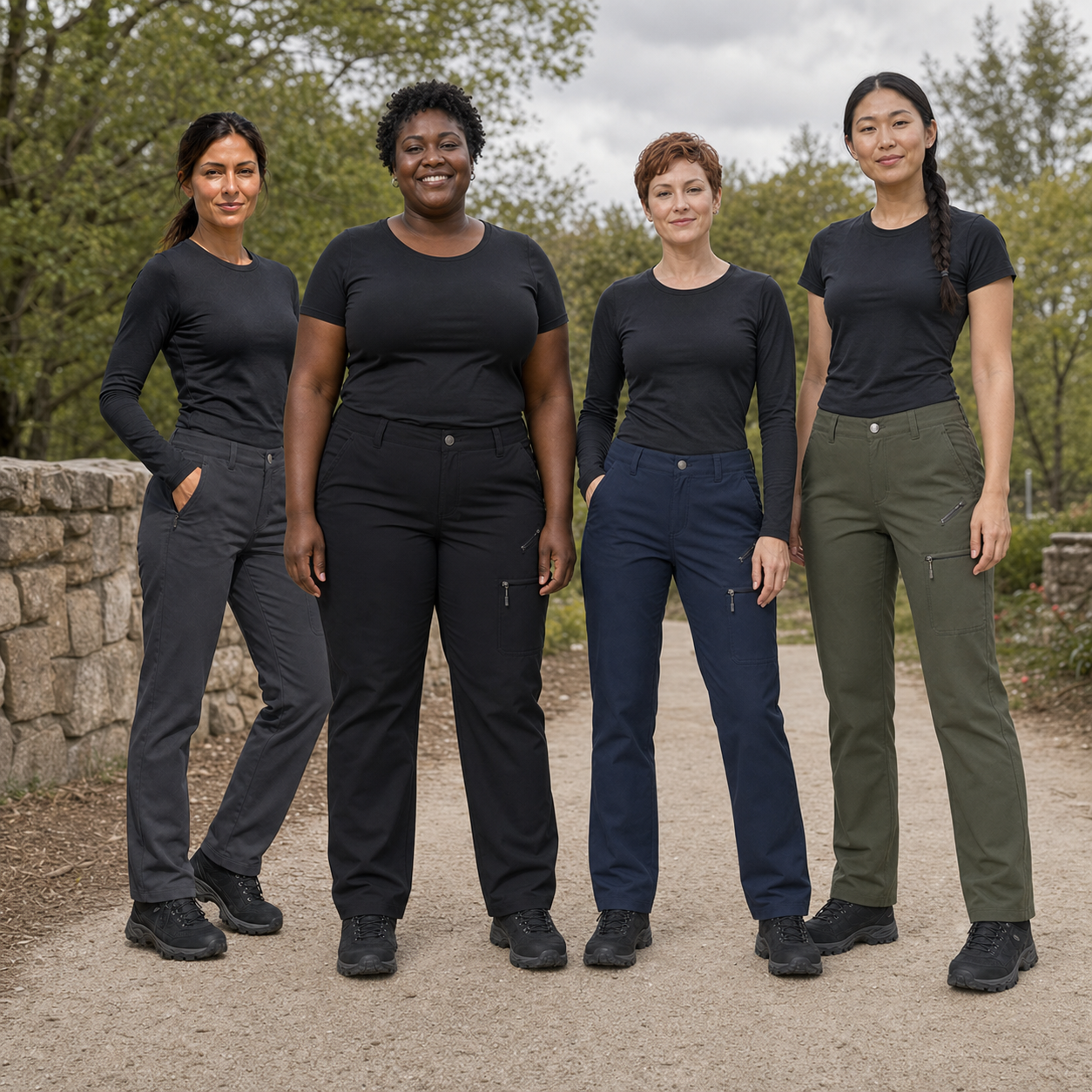 Four women wearing charcoal black navy and olive cargo hiking pants