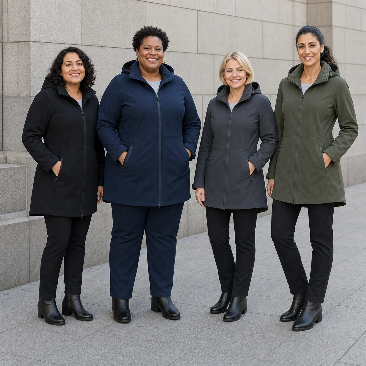 Four women wearing black navy charcoal and olive hooded jackets