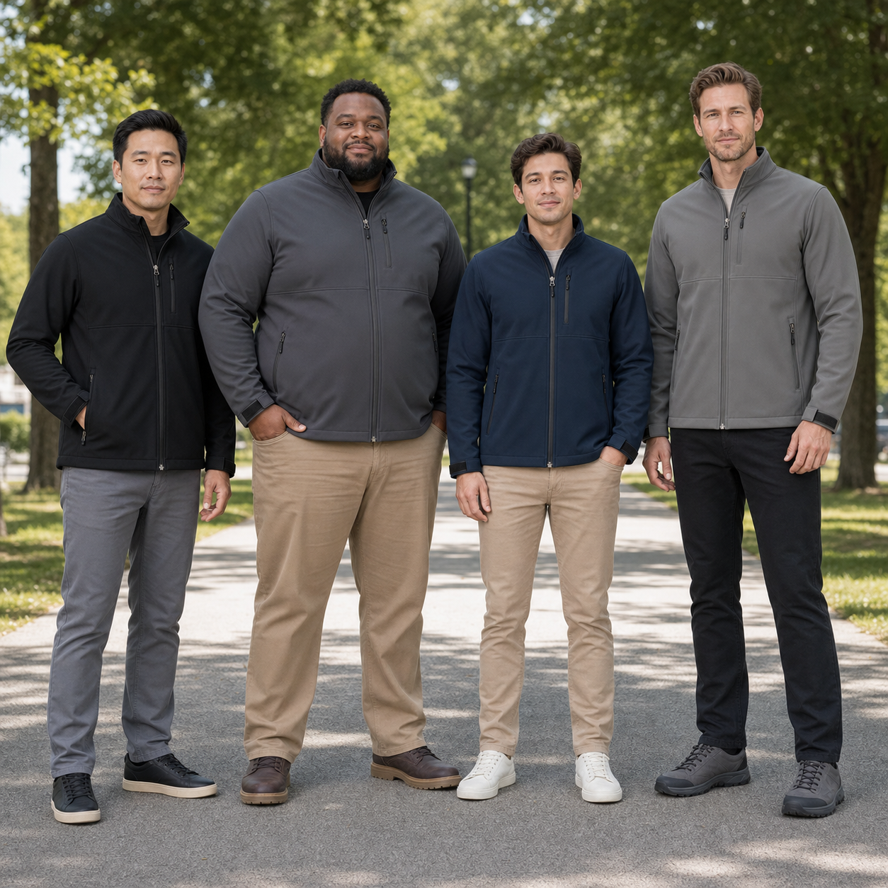 Four men wearing black charcoal navy and stone jackets