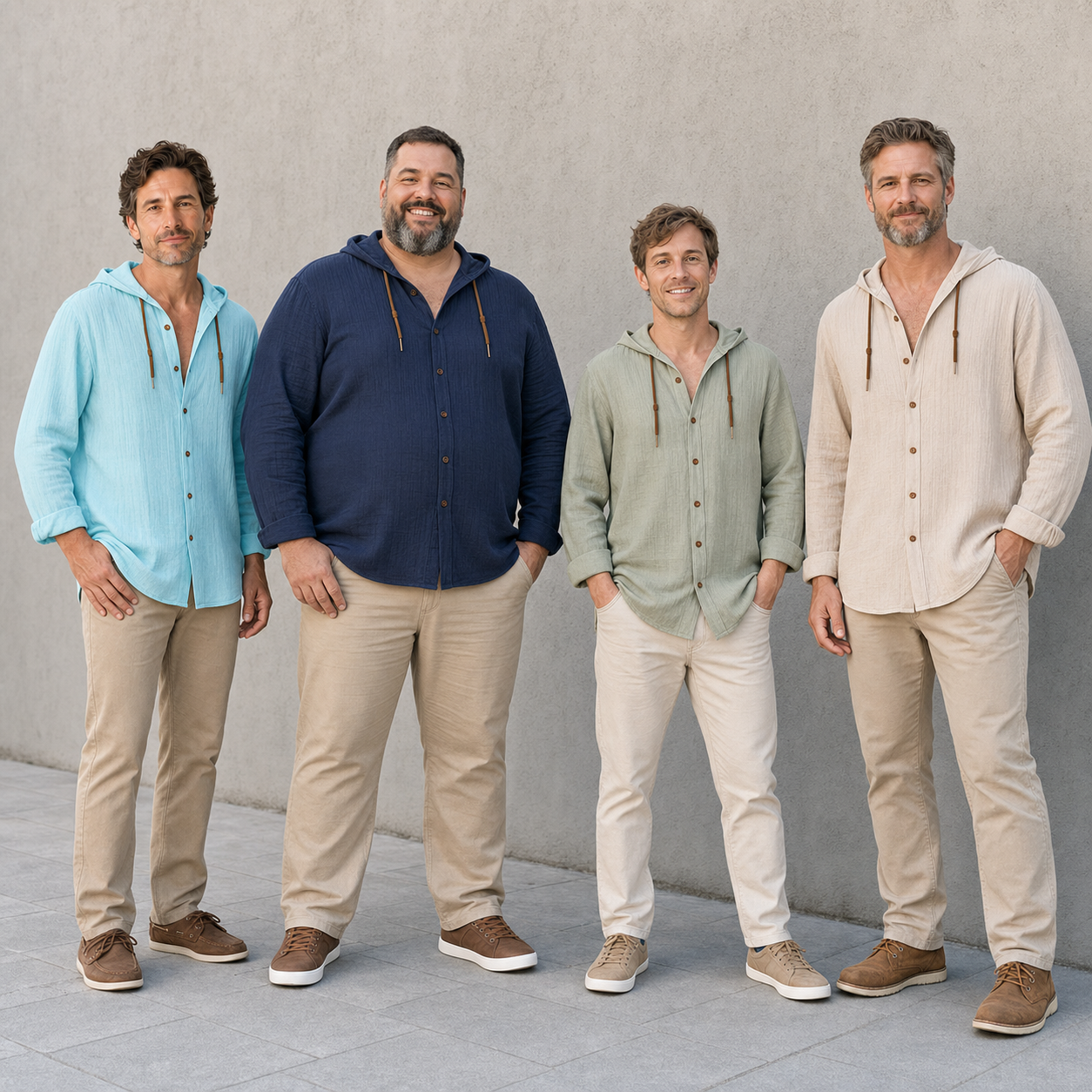 Four men wearing shirt colors from four pack A