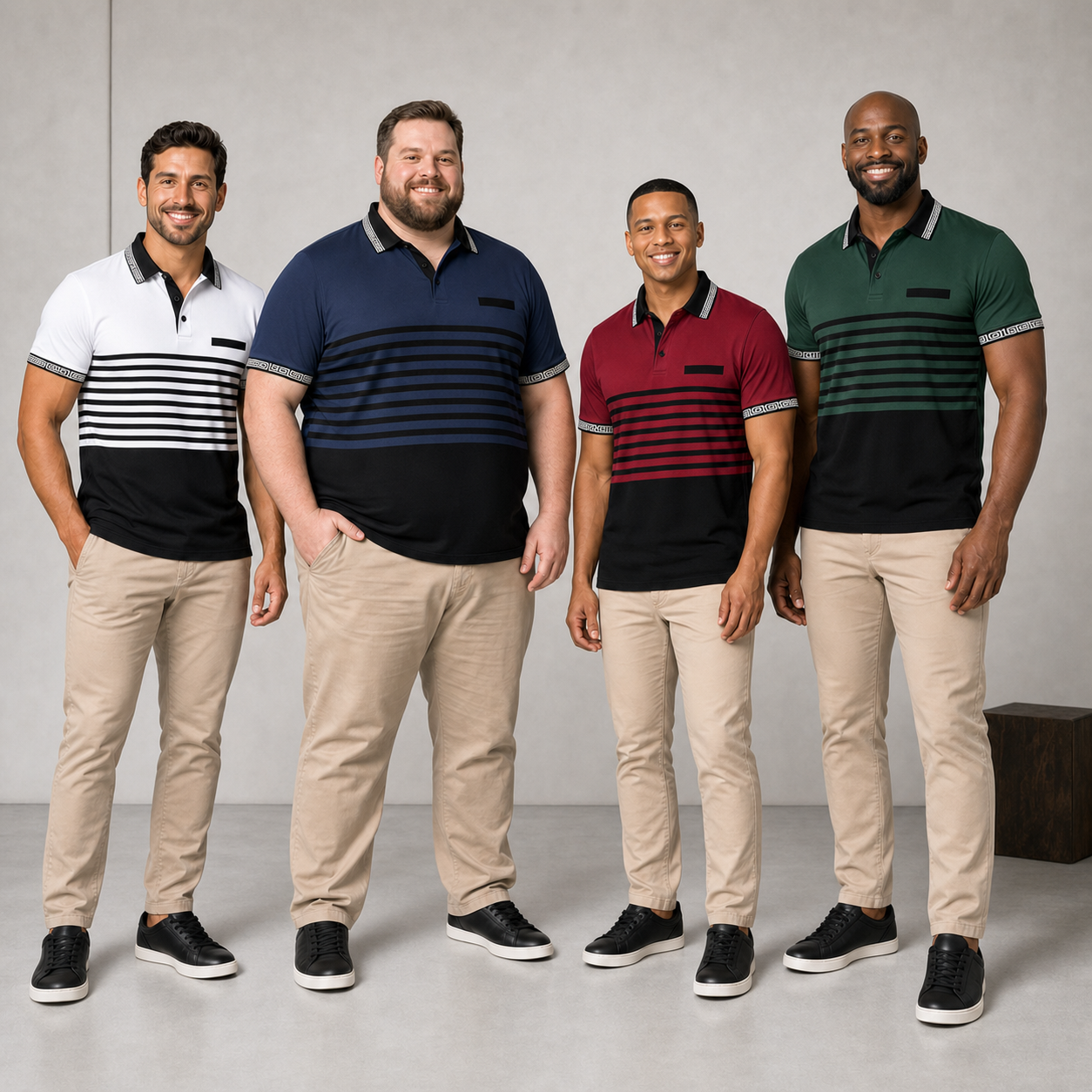 Four men wearing polo colors from mixed pack A