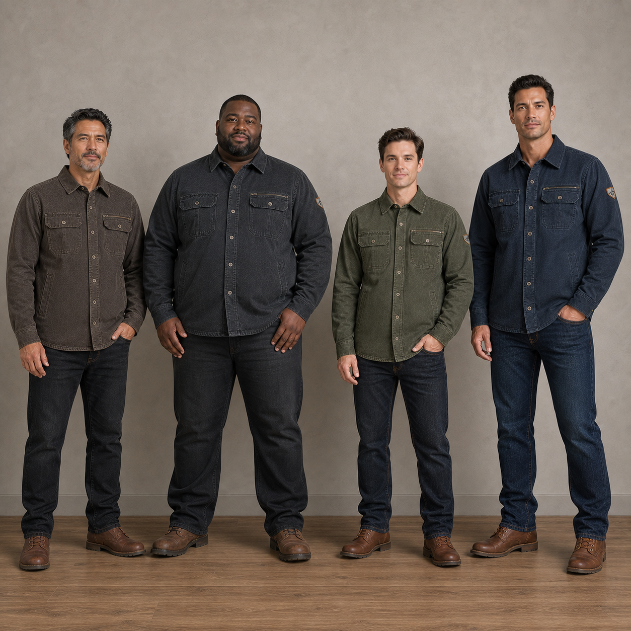 Four men wearing brown charcoal olive and navy field jackets