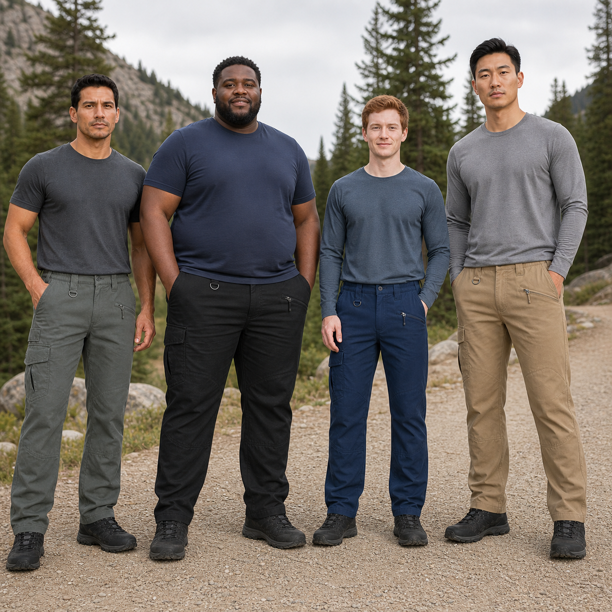 Four men wearing olive black navy and khaki cargo hiking pants