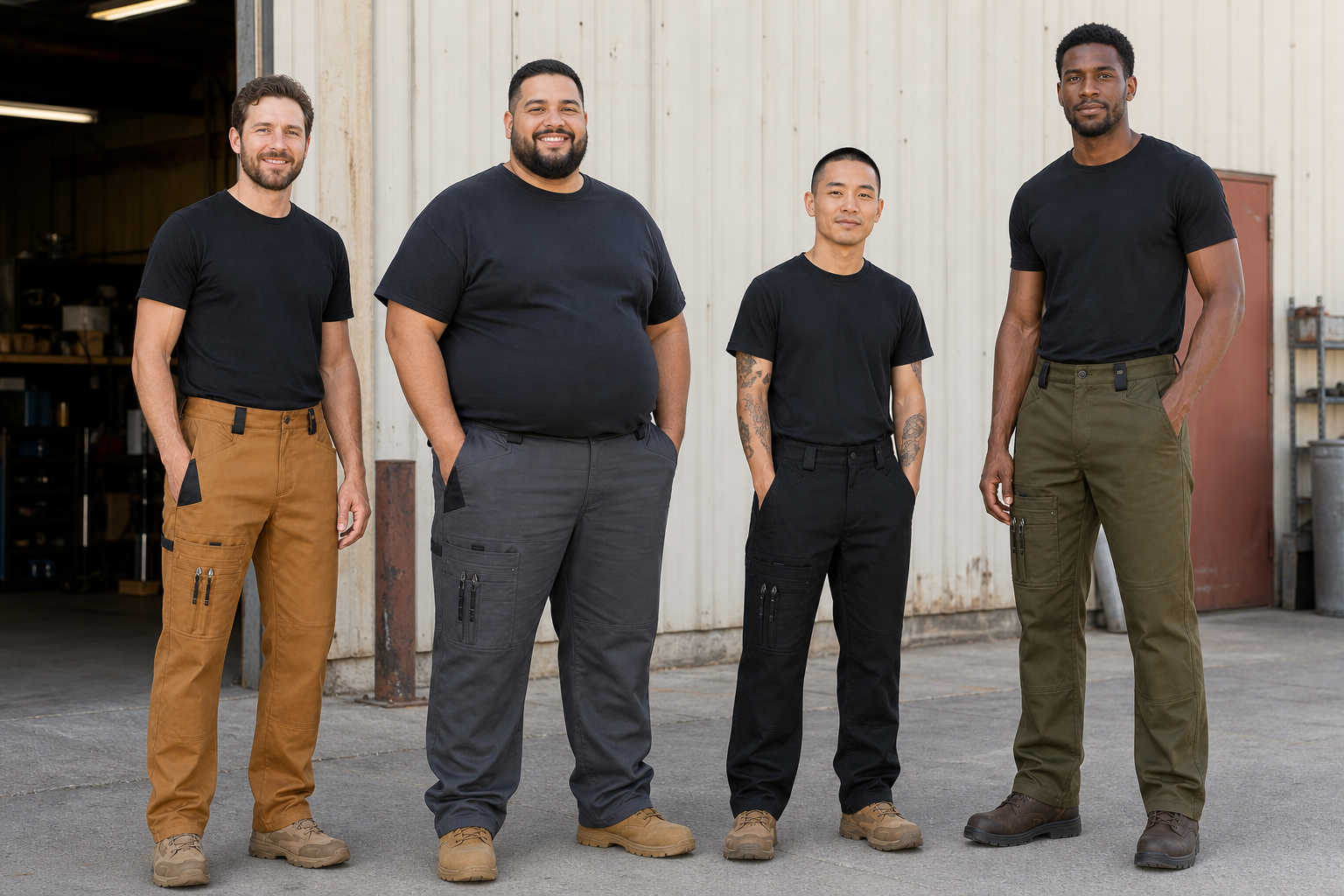 Four men wearing work tan charcoal black and olive work pants