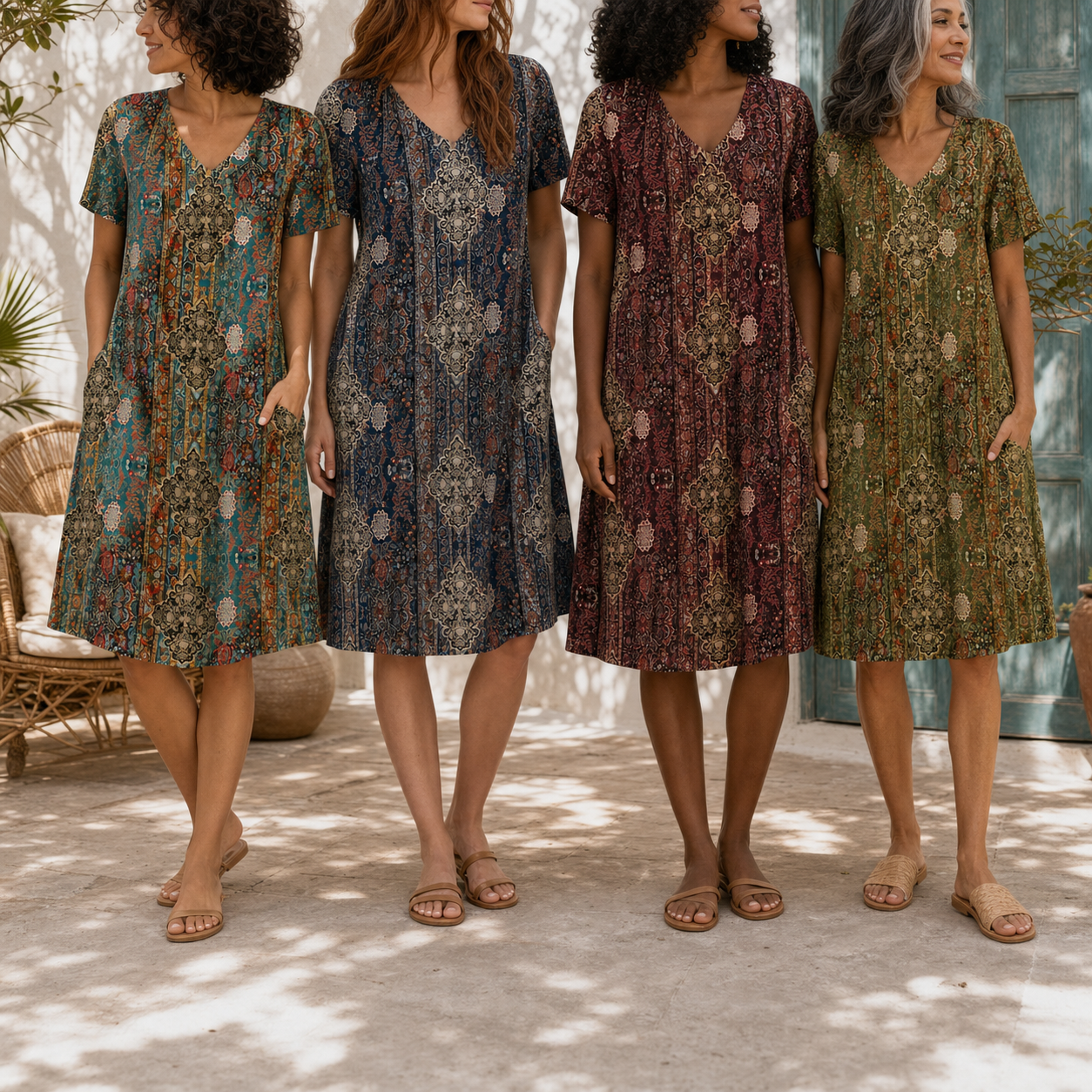 Four women wearing teal navy burgundy and olive dresses