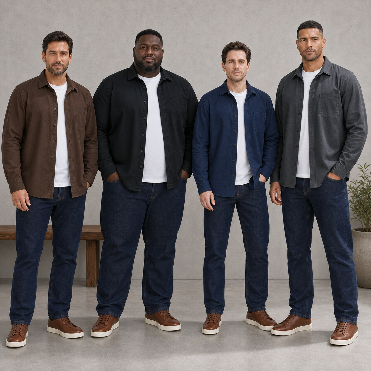 Four men wearing brown black navy and charcoal single-pocket overshirts