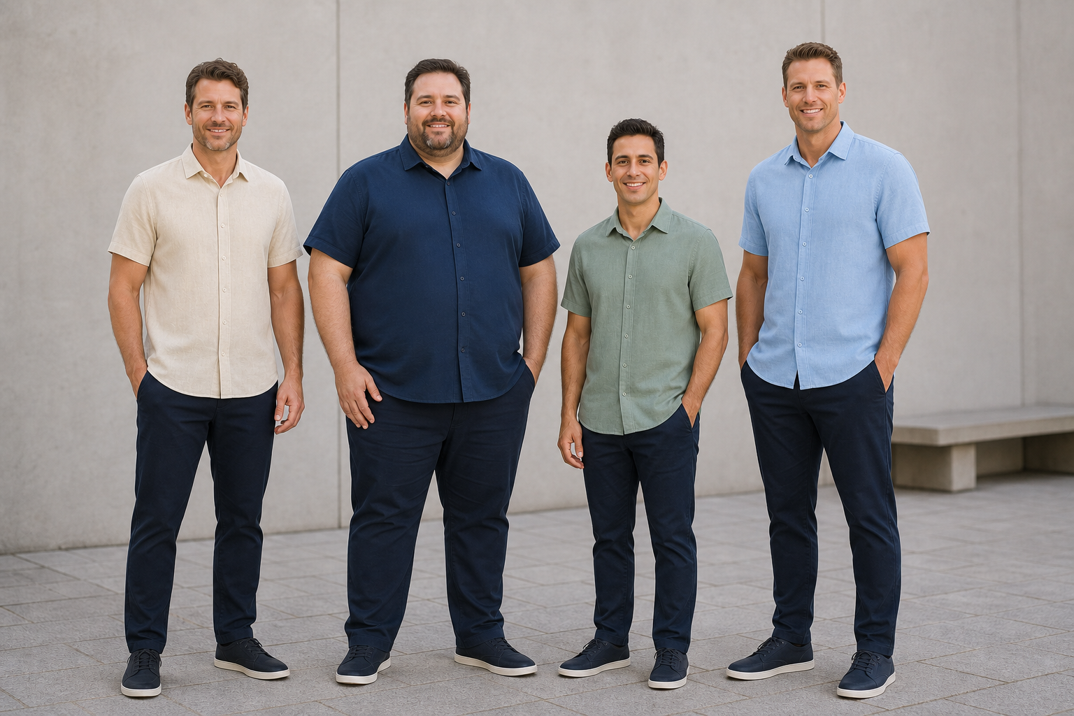 Four men wearing beige navy sage and sky blue shirts