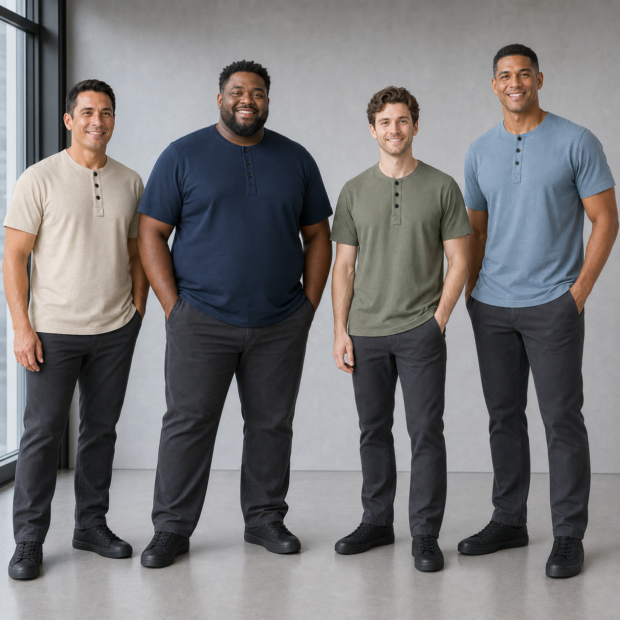 Four men wearing Henley colors from mixed pack A