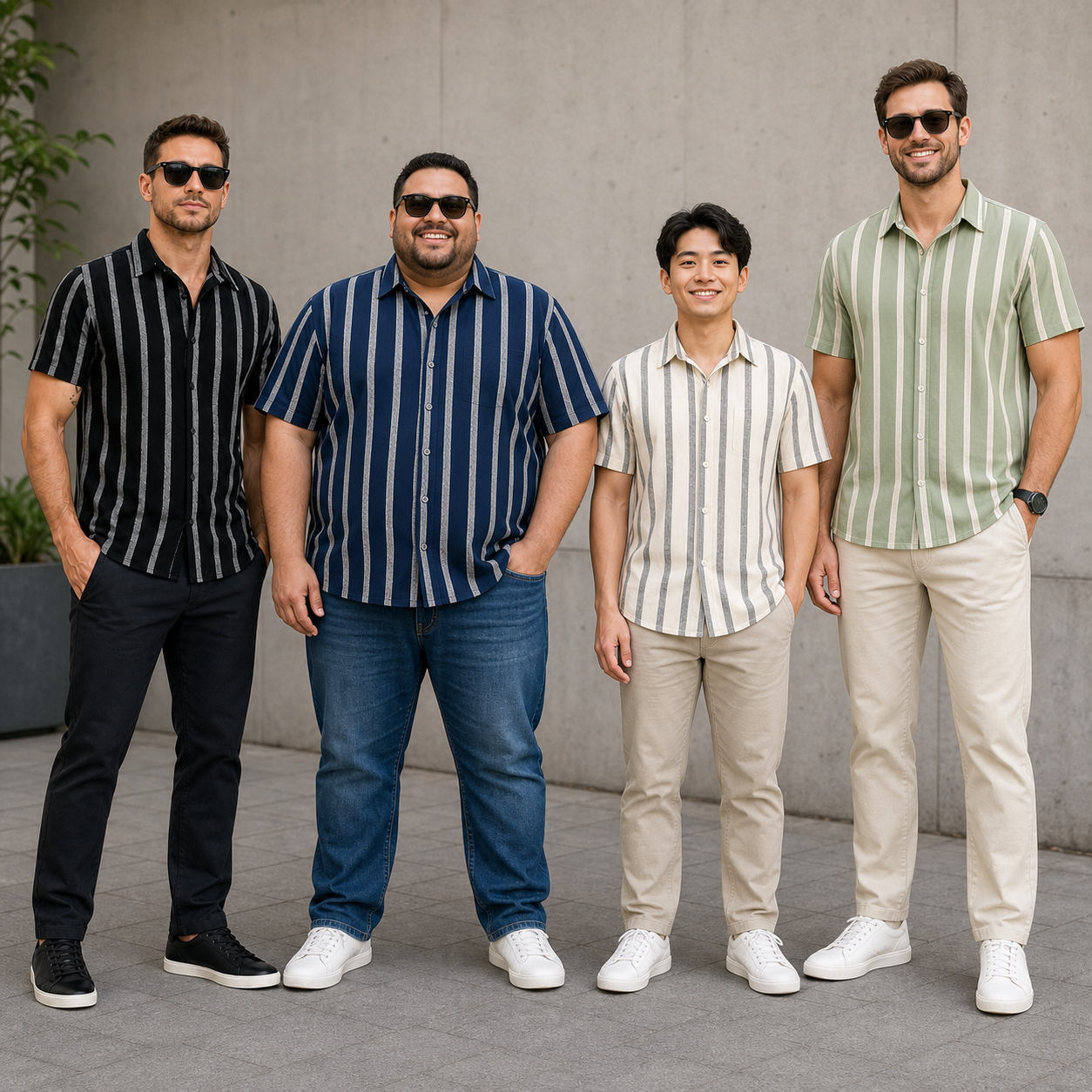 Four men wearing black navy ivory and sage striped shirts