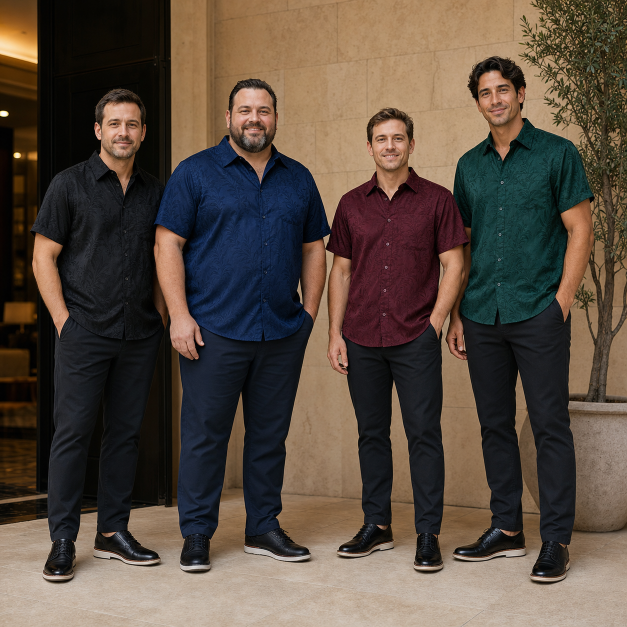 Four men wearing black navy burgundy and forest green jacquard shirts