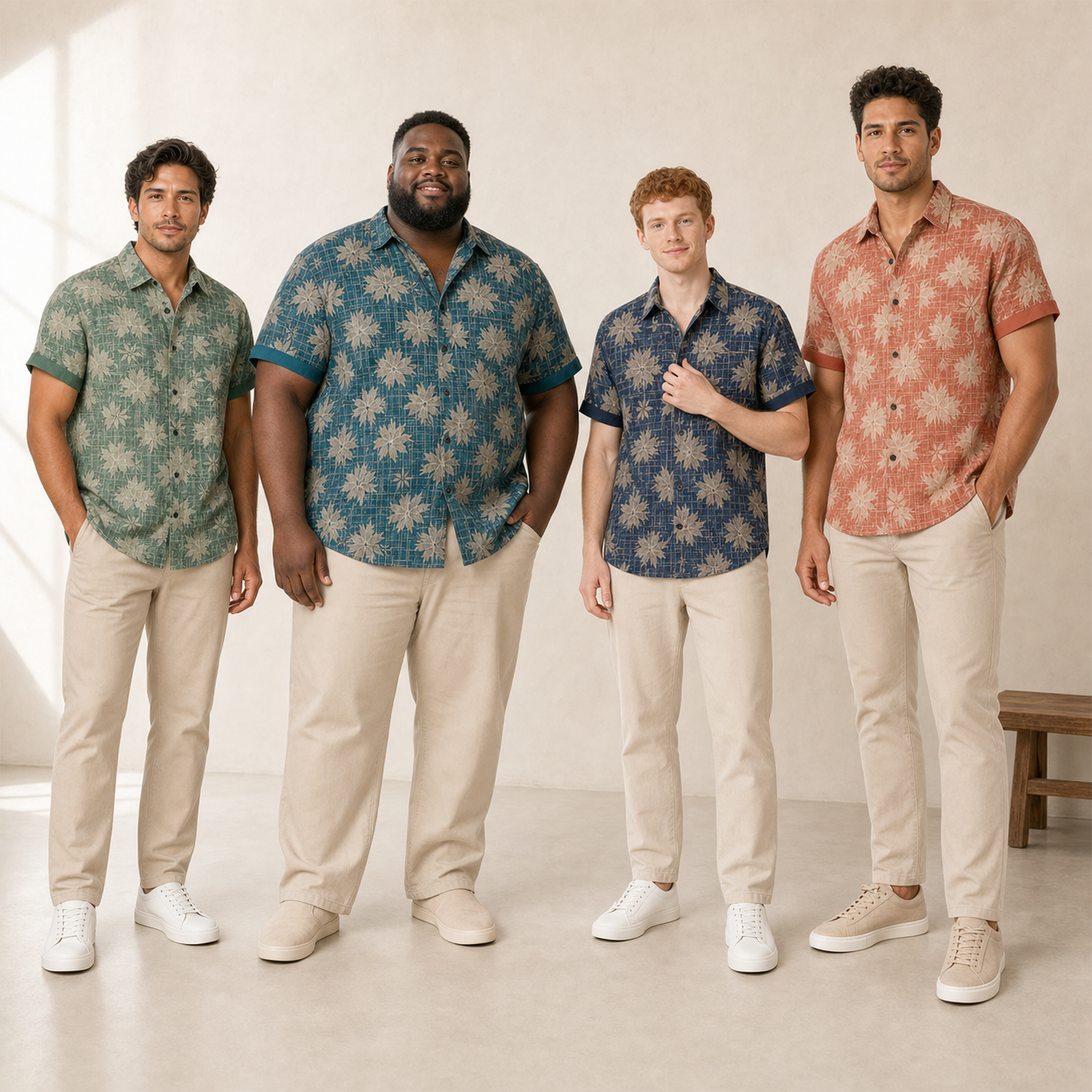 Four men wearing sage teal navy and rust floral shirts