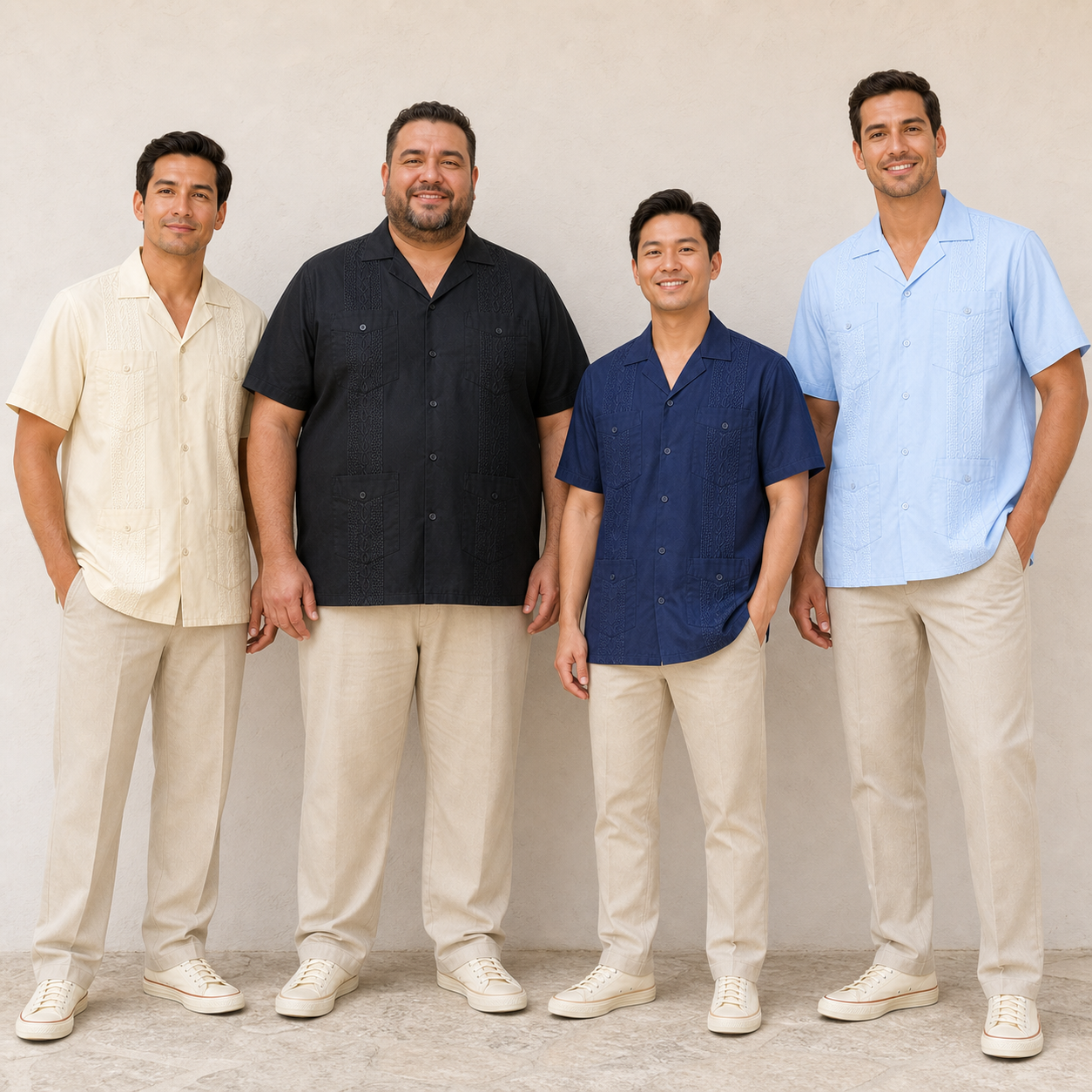 Four men wearing guayabera set A colors