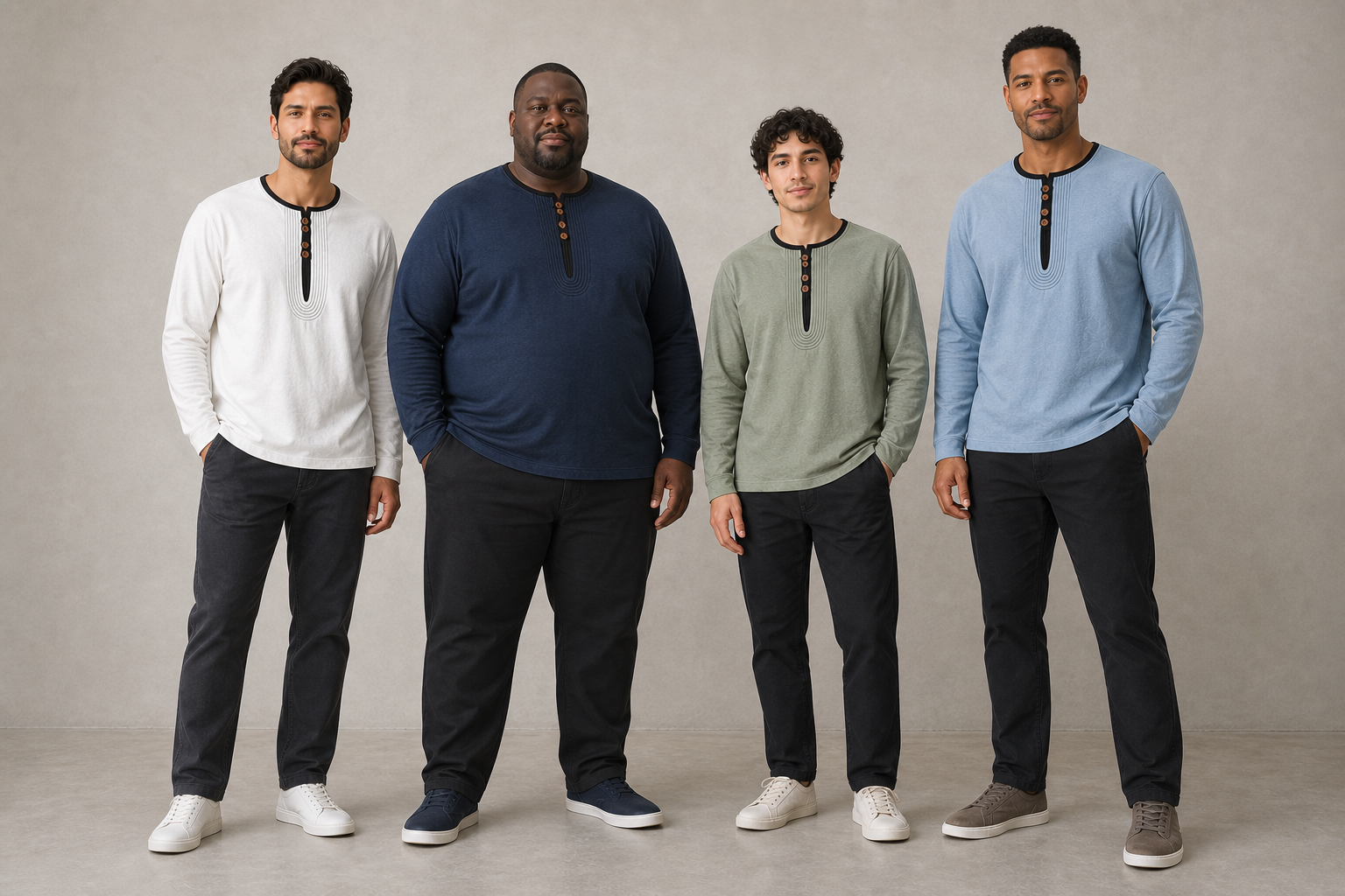 Four men wearing Henley colors from mixed pack A
