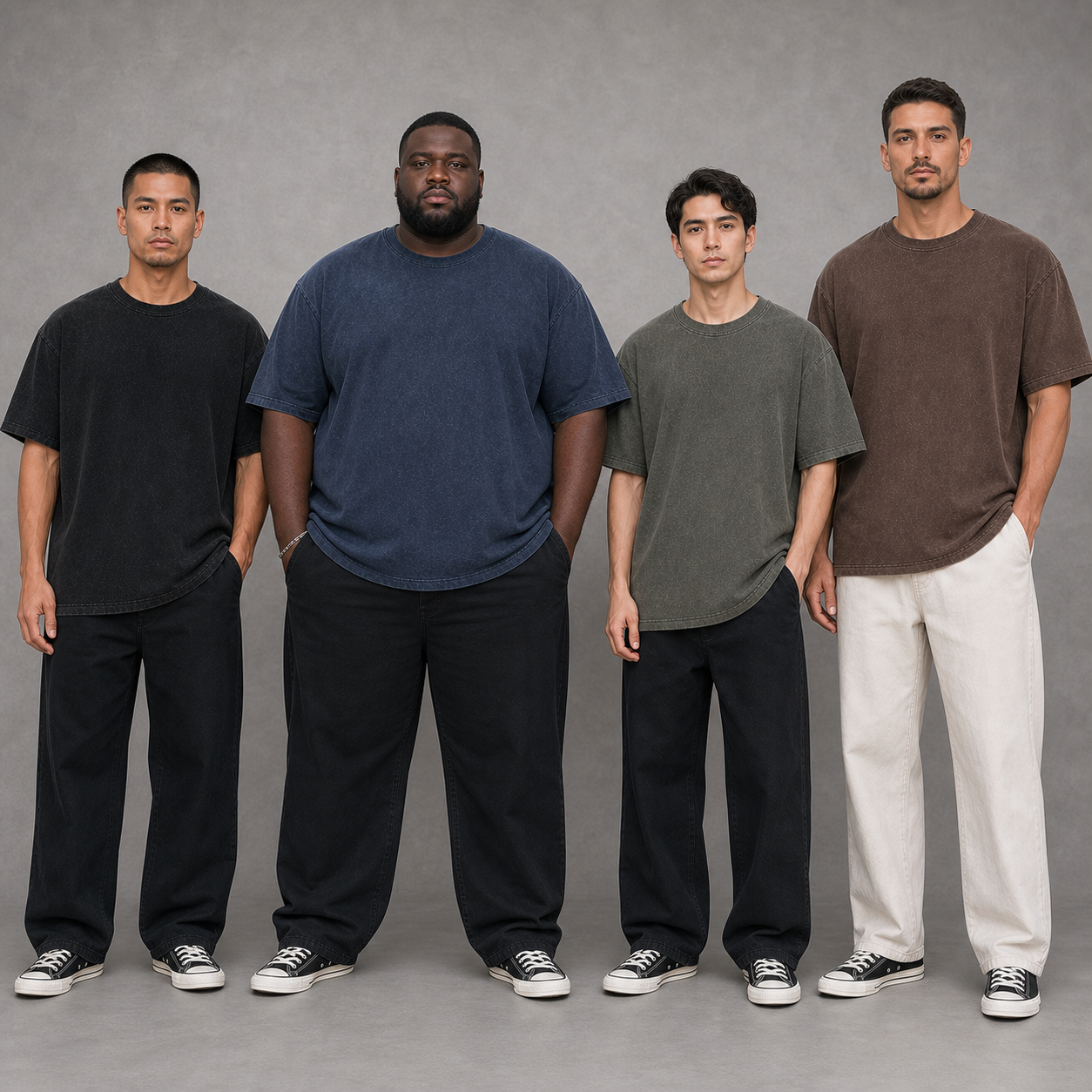 Four men wearing washed black navy olive and brown oversized T-shirts