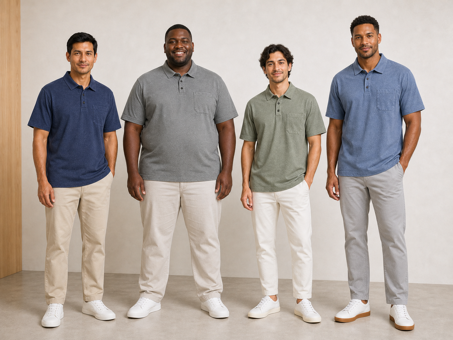 Four men wearing navy stone gray sage and dusty blue polos