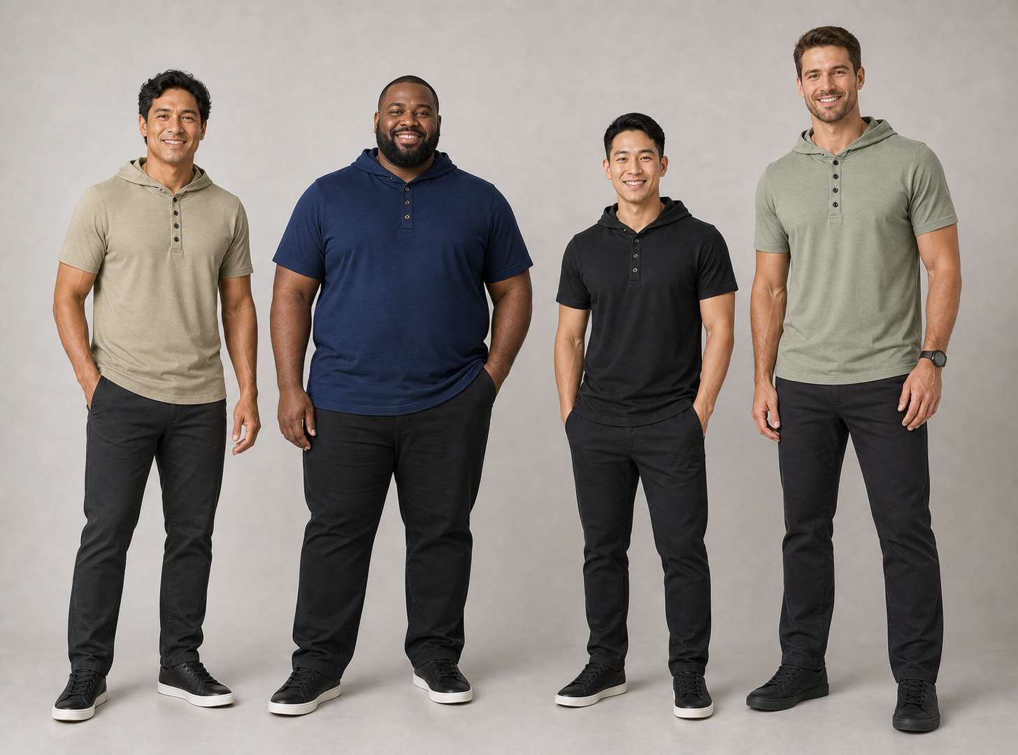 Four men wearing khaki navy charcoal and sage hooded Henleys