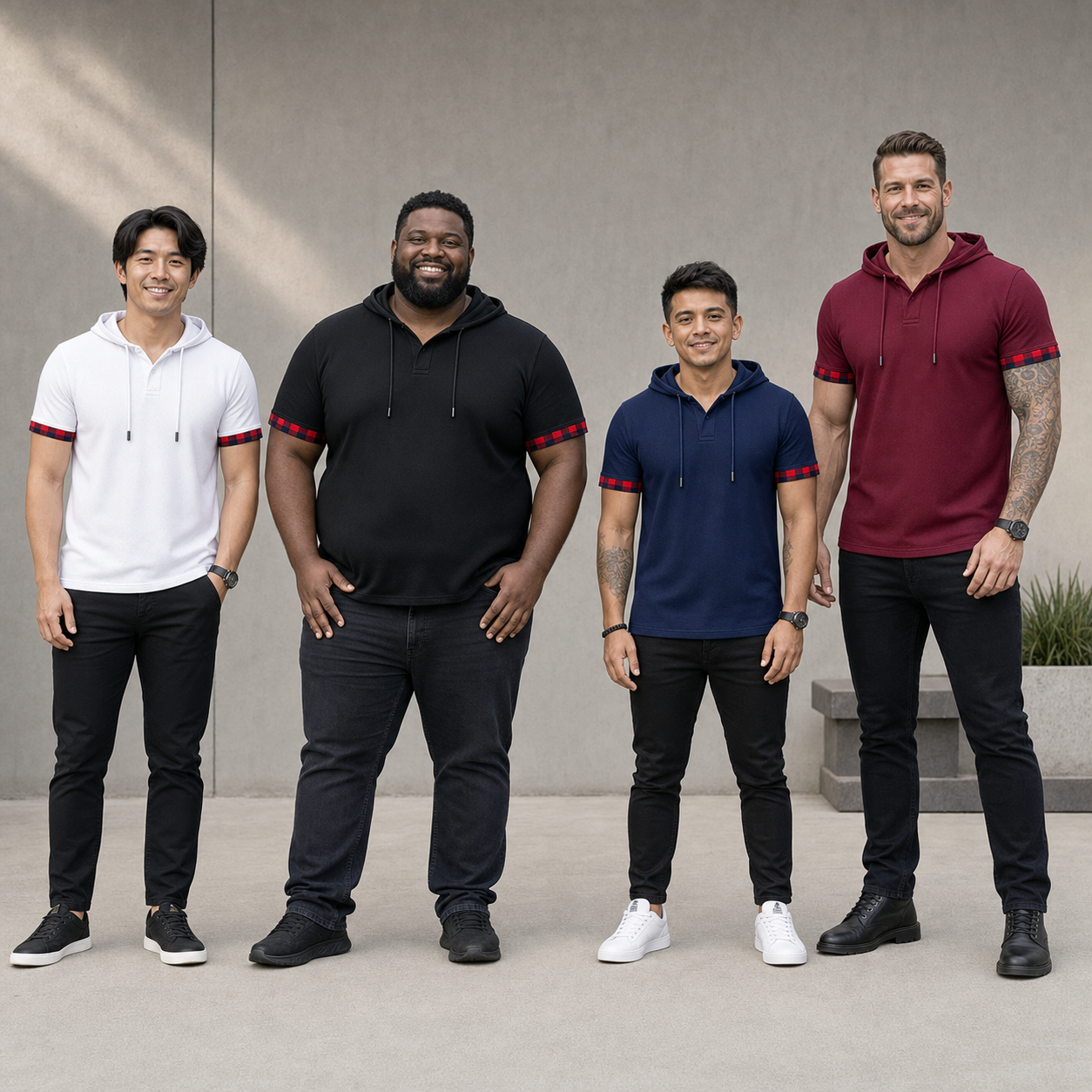 Four men wearing white black navy and burgundy hooded Henley shirts