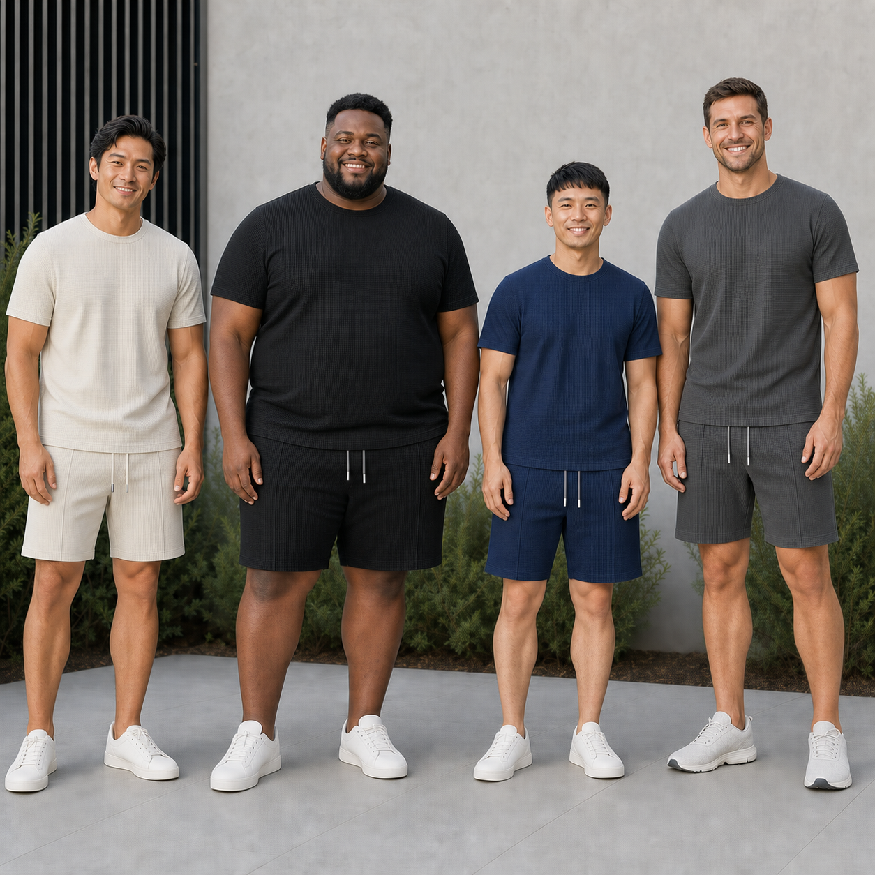 Four men wearing waffle sets from color pack A