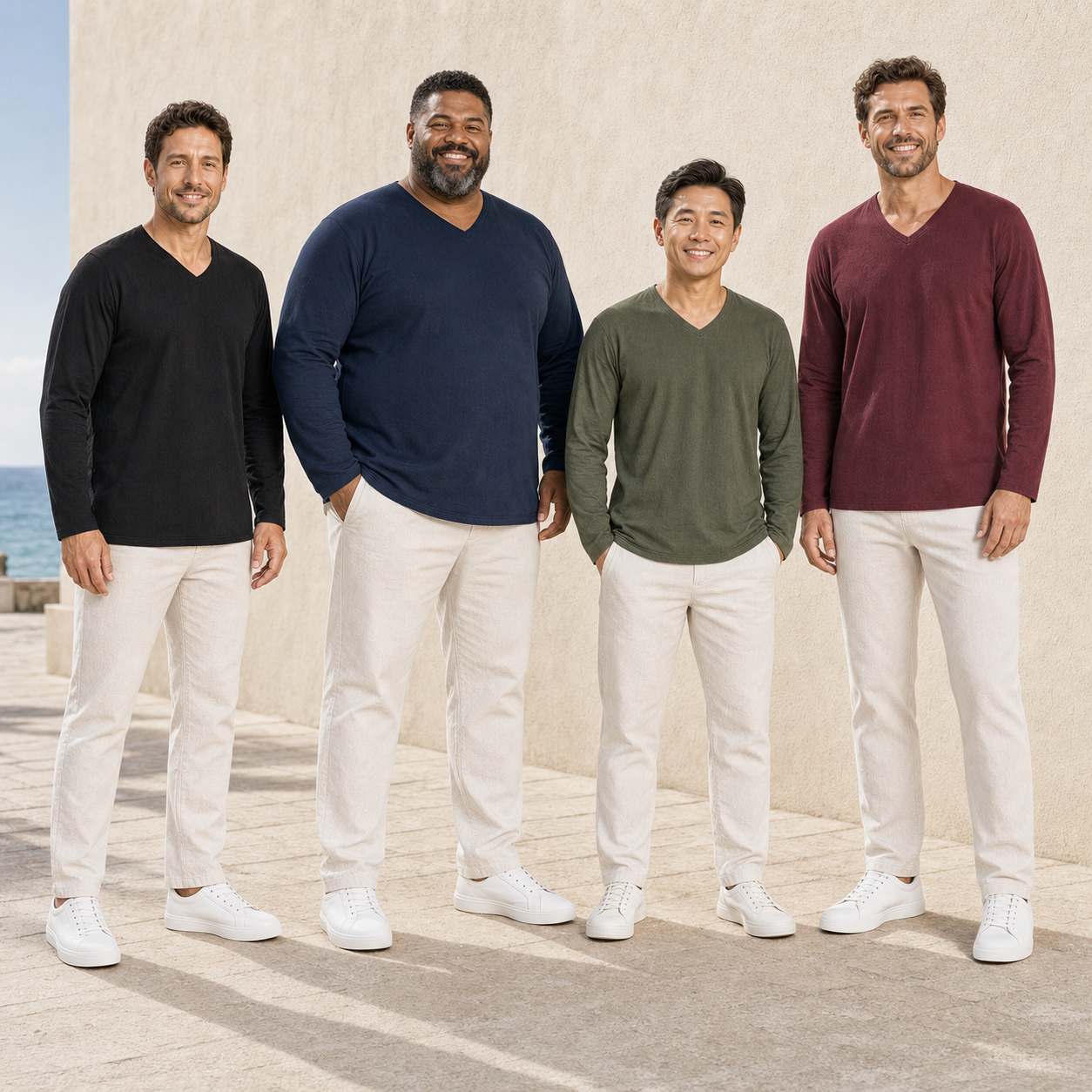 Four men wearing black navy olive and burgundy V-neck shirts
