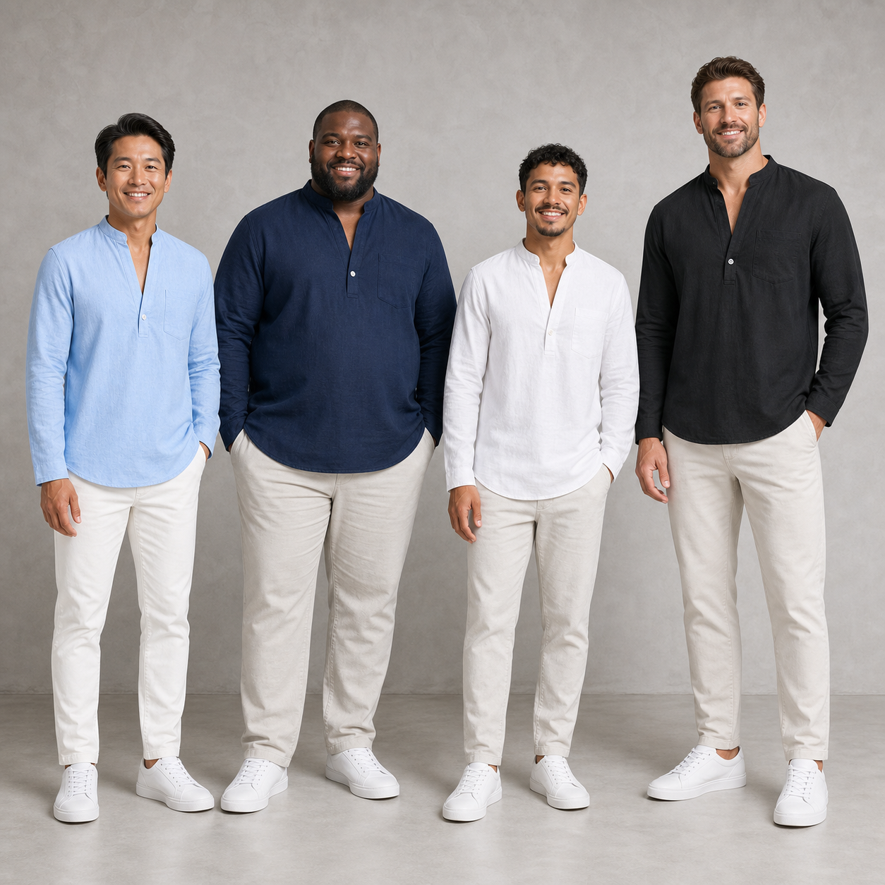 Four men wearing light blue navy white and black split-neck shirts