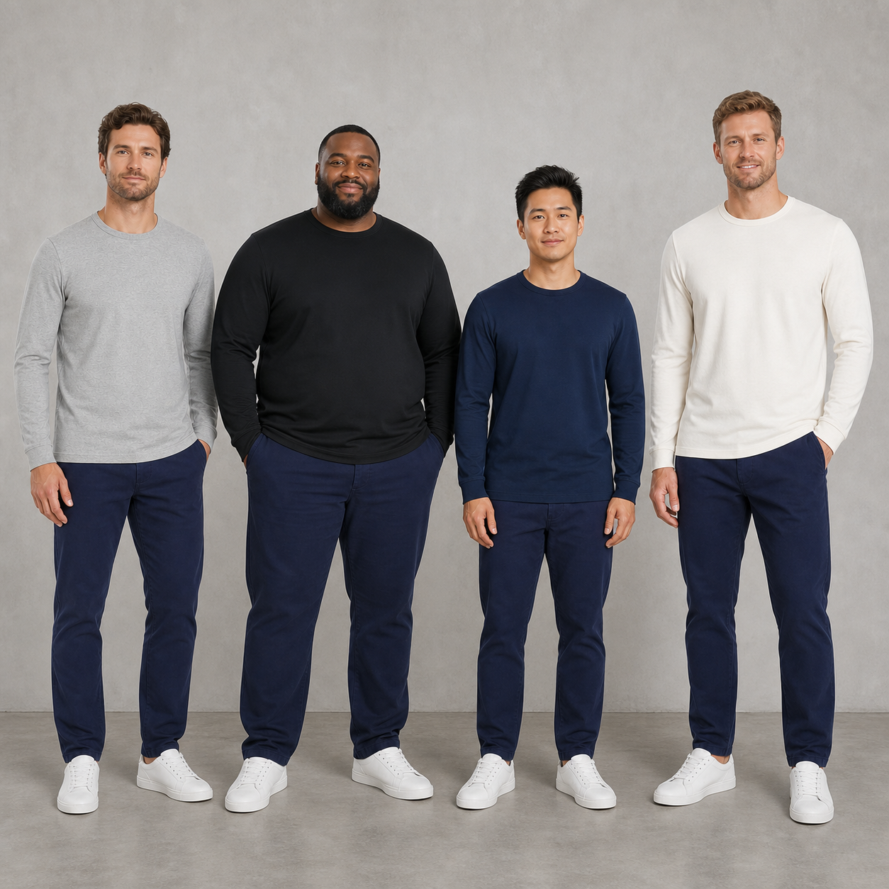 Four men wearing T-shirt set A colors