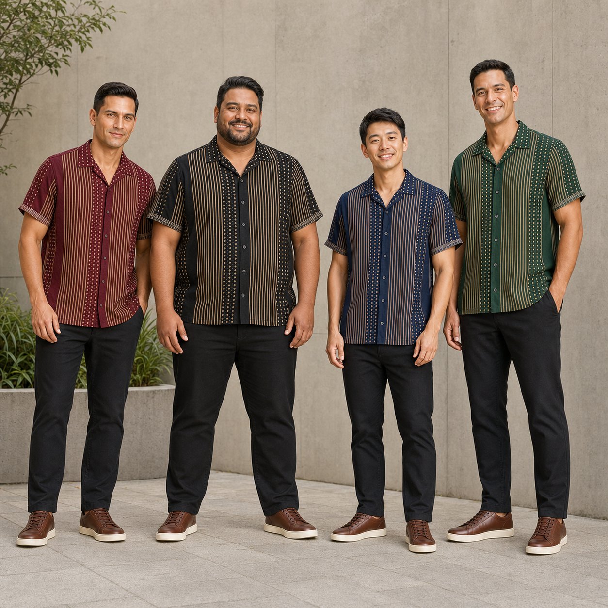 Four men wearing burgundy black navy and green stripe shirts