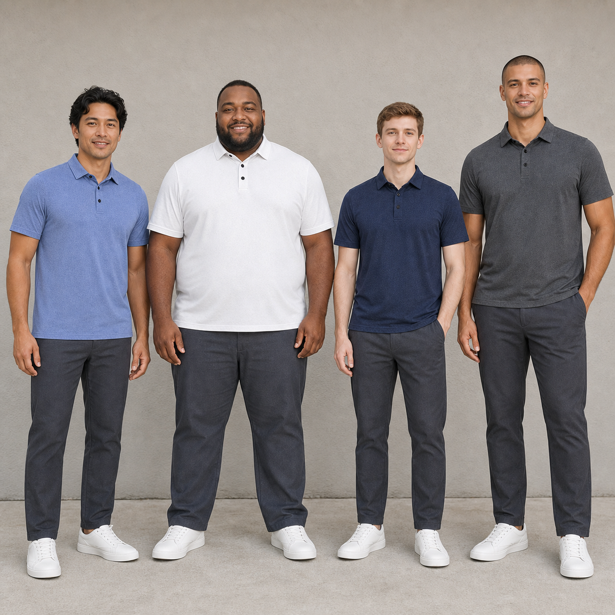 Men wearing heather blue white navy and charcoal polos