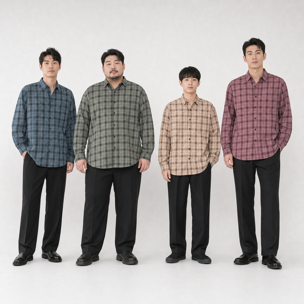Four men wearing blue-gray, sage, sand and dusty rose plaid shirts