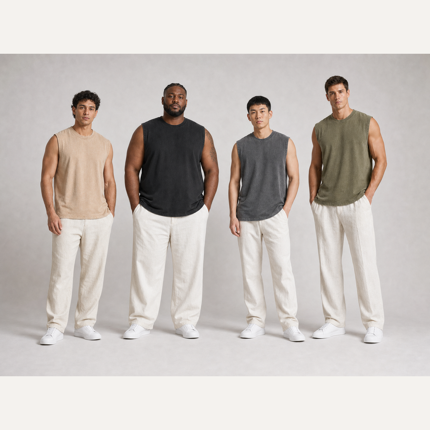 Four men wearing sand black charcoal and olive sleeveless T-shirts