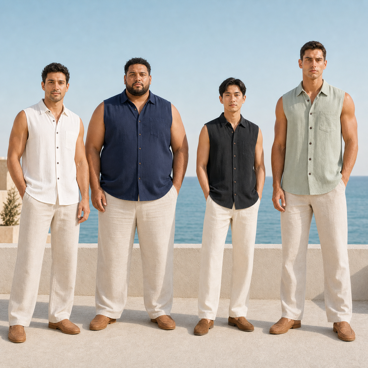Four men wearing warm white navy black and sage sleeveless shirts