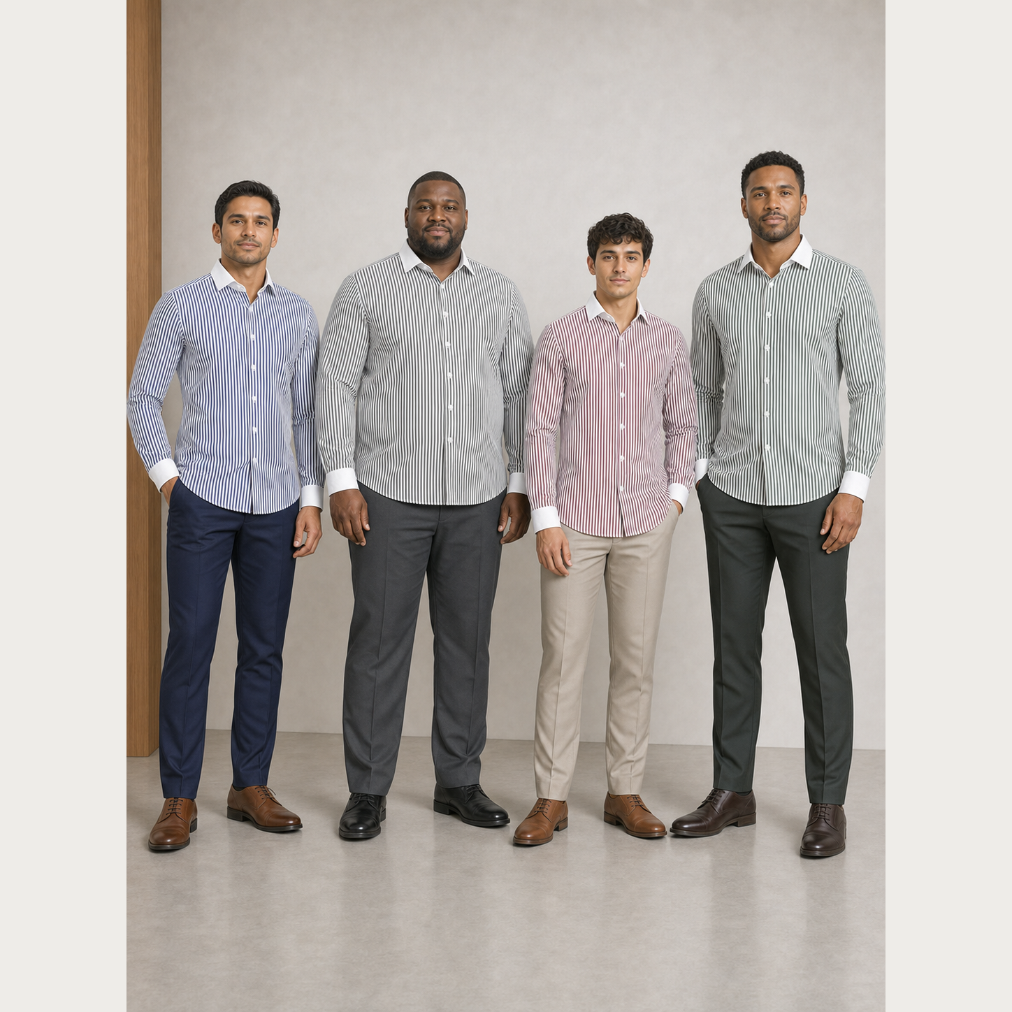 Four men wearing navy black burgundy and forest stripe shirts