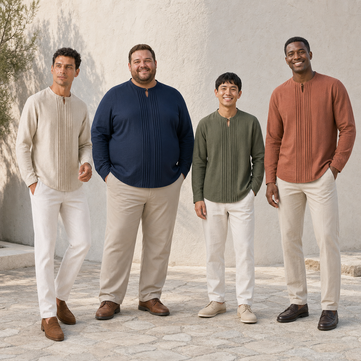 Four men wearing mixed four pack A pintuck shirts