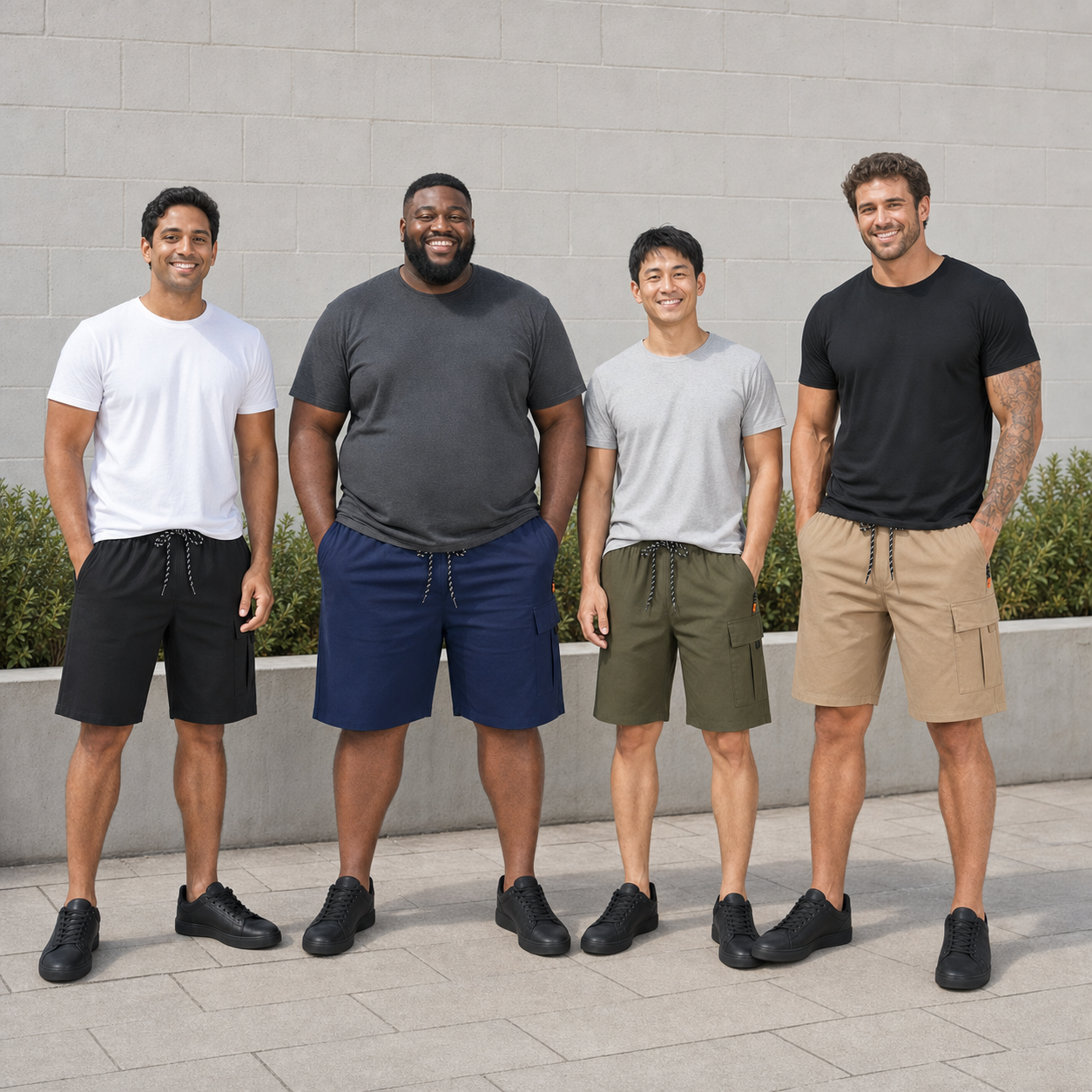 Four men wearing black navy olive and khaki cargo shorts
