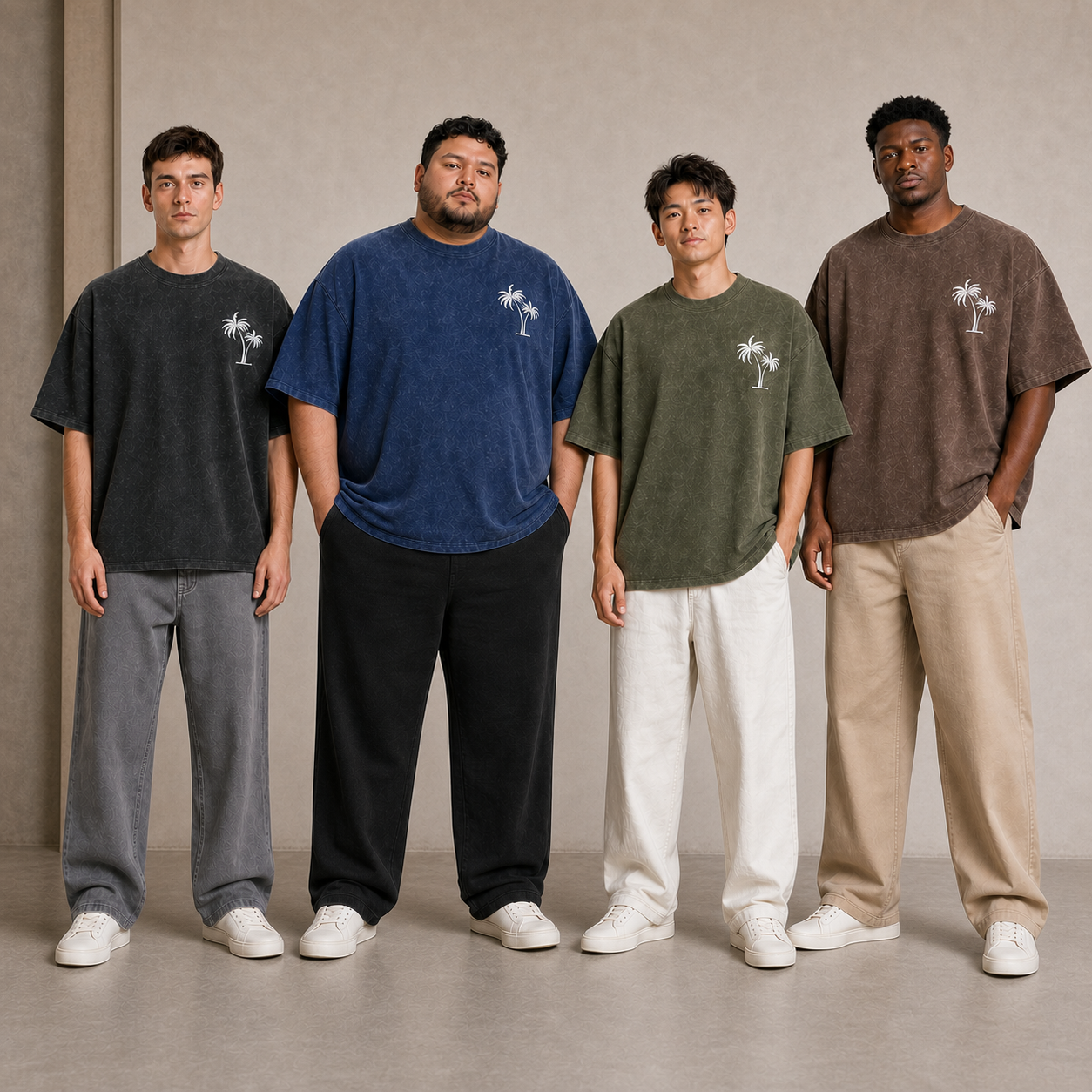 Four men wearing washed palm graphic oversized T-shirts in pack A colors