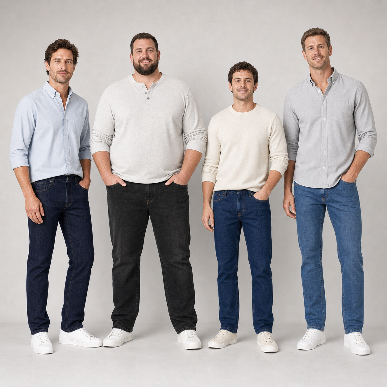 Four men wearing dark indigo black rinse and medium indigo jeans