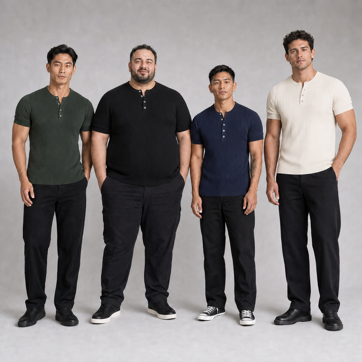 Four men wearing forest green black deep navy and ivory Henley shirts