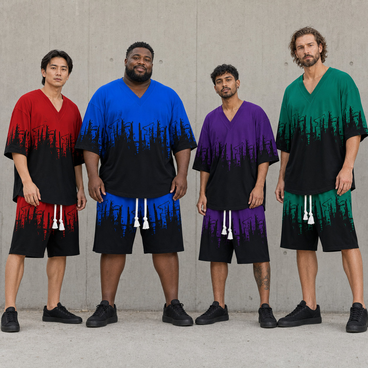 Four men wearing red blue purple and green city print sets