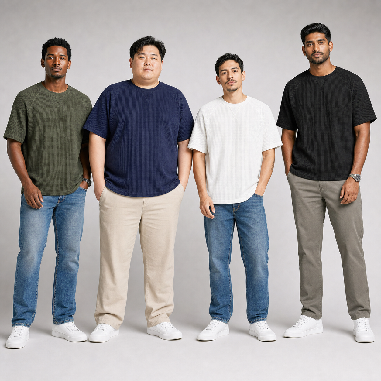 Four men wearing olive navy ivory and black waffle raglan T-shirts