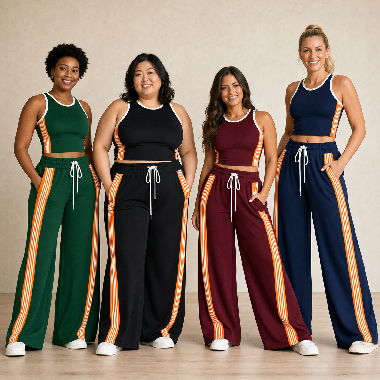 Four women wearing green black burgundy and navy wide-leg sets