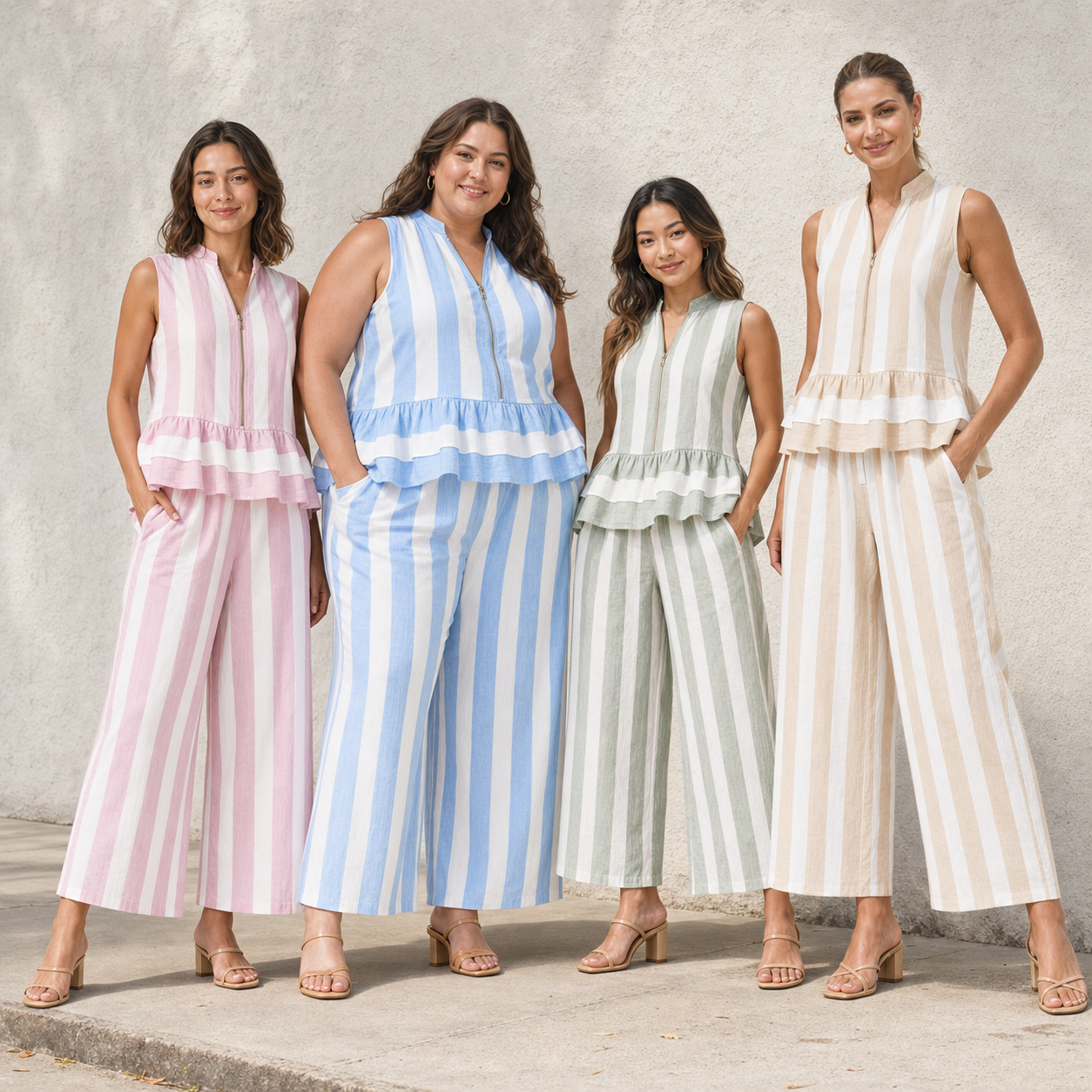 Four women wearing striped zip peplum sets in pack A colors