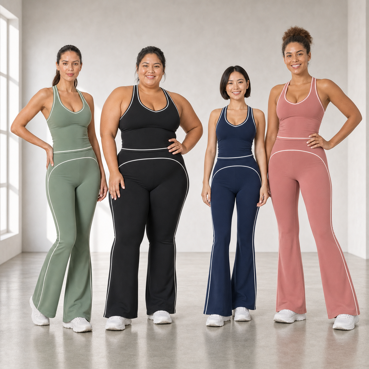 Four women wearing mixed four pack A flare active sets