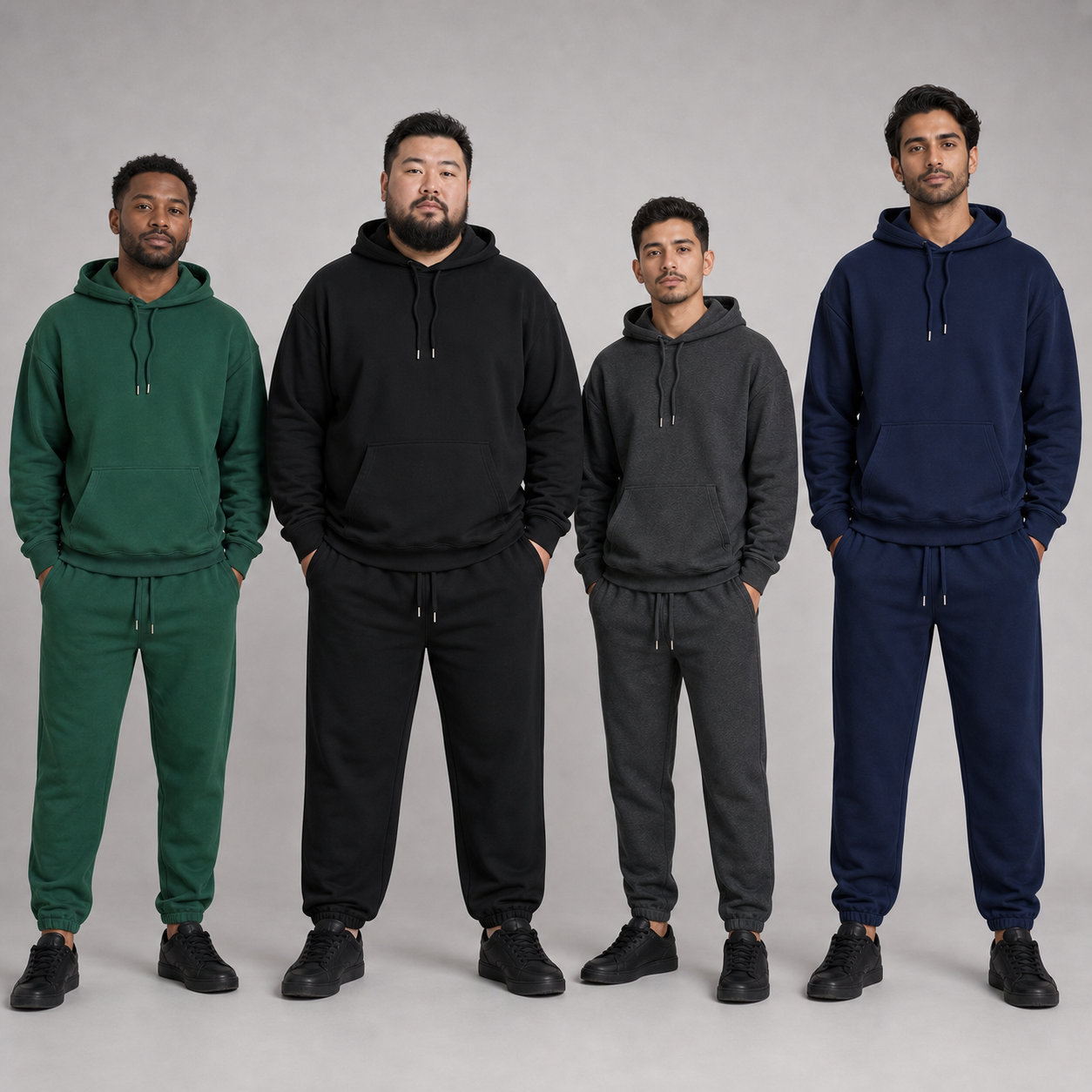 Four men wearing green black charcoal and navy hoodie sets