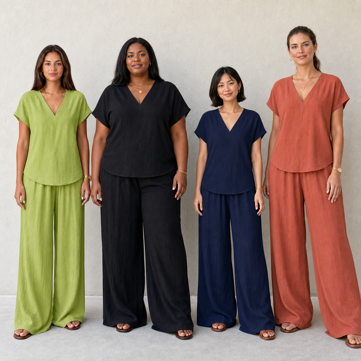Four women wearing lime black navy and terracotta crinkle sets