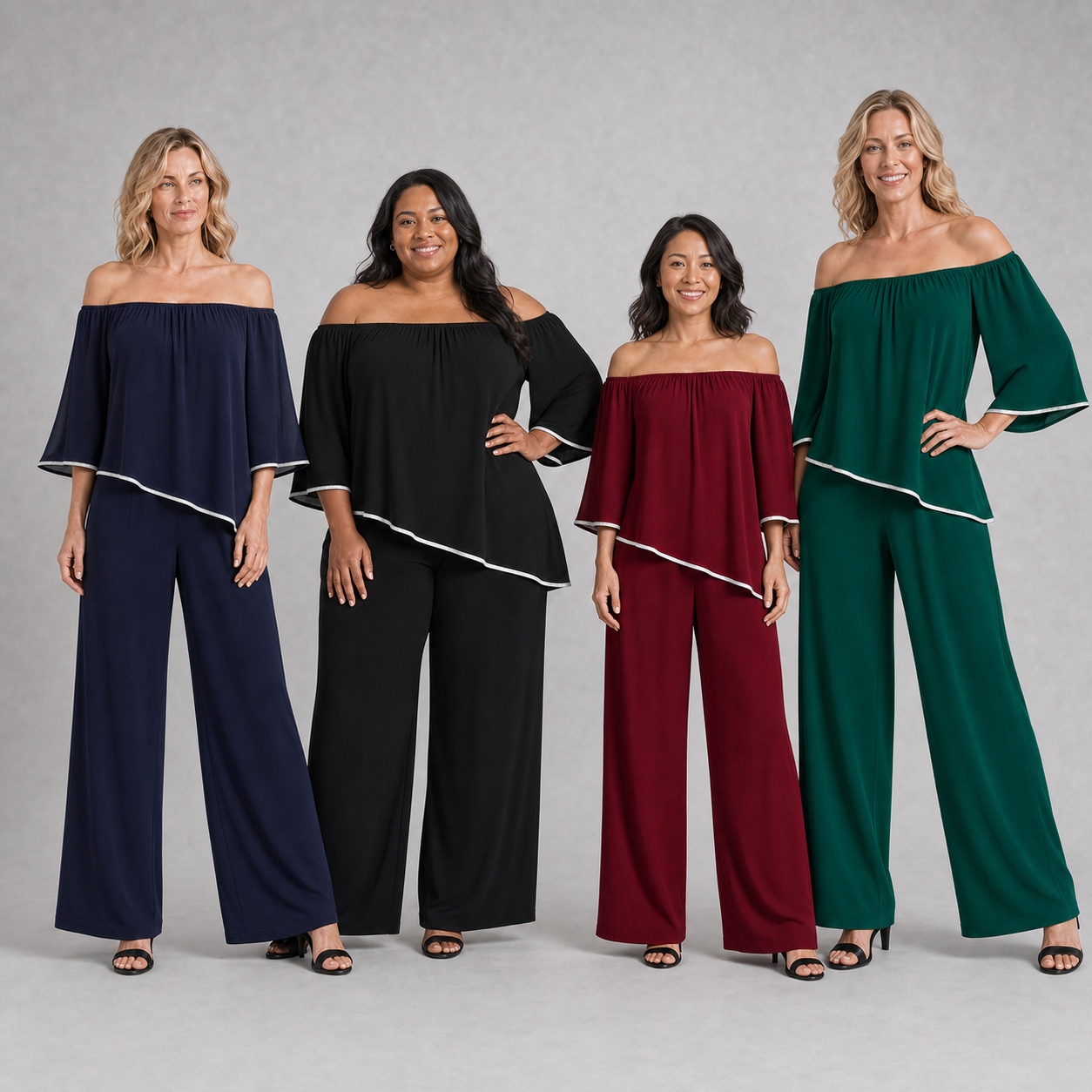 Four women wearing navy black burgundy and emerald off-shoulder sets