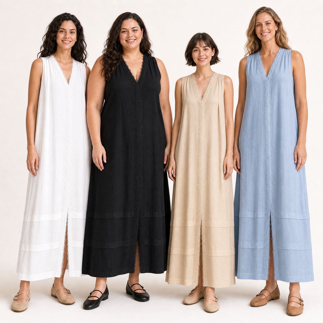 Four women wearing pack A lace-trim maxi dress colors