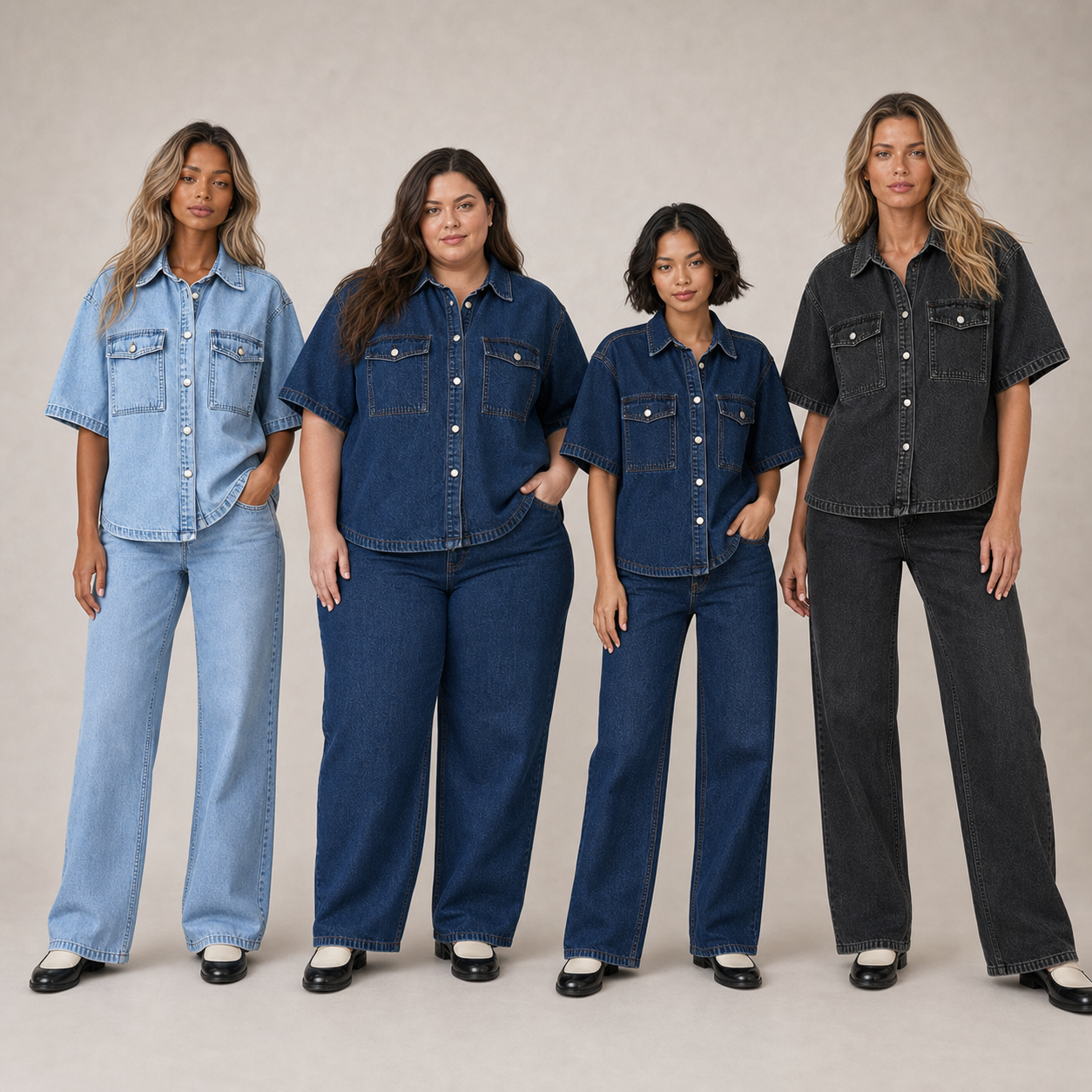 Four women wearing denim sets in pack A colors