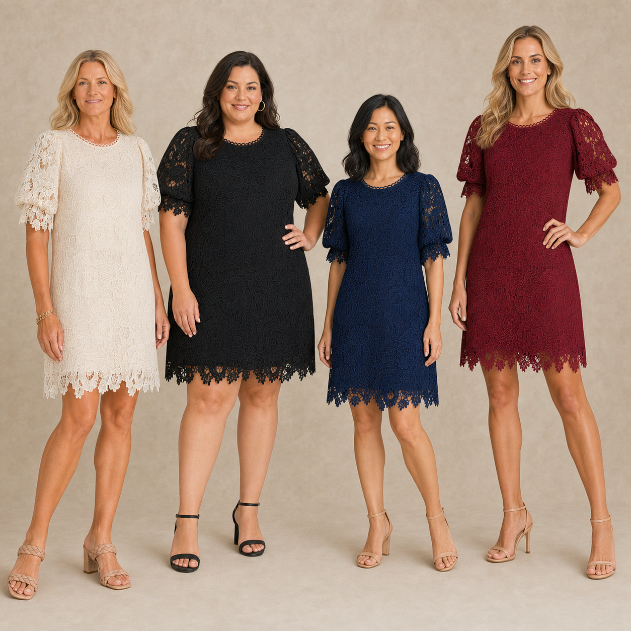 Four women wearing ivory black navy and wine floral lace dresses