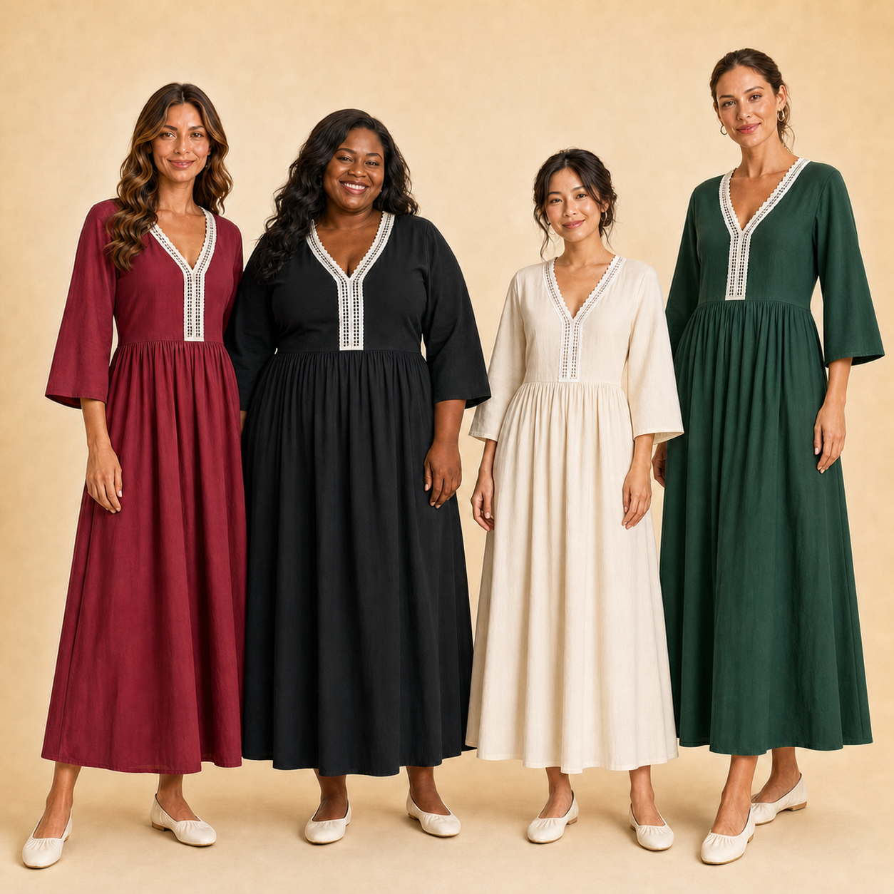 Four women wearing pack A contrast-lace dress colors